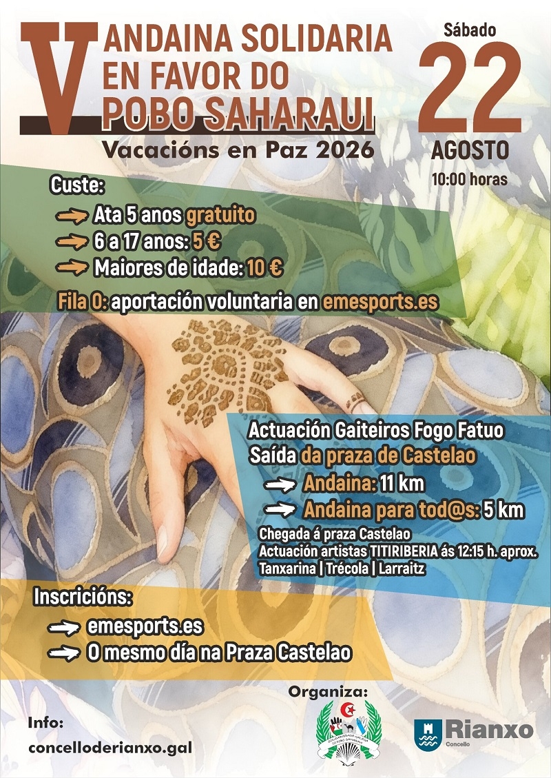 Cartel del evento V ANDAINA SOLIDARIA EN FAVOR DO POBO SAHARAUÍ. VACACIÓNS EN PAZ 2026